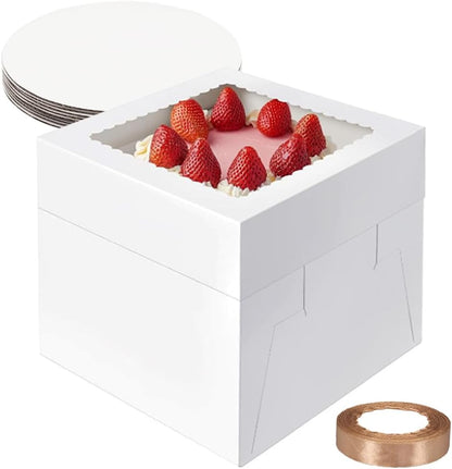 10 Pack Cake Boxes,Tall Cake Box with Window, White Bakery Boxes, 8x8x8 Inch Large Baking Boxes with Sticker, Cardboard Cake Box for Multi-Layer Cakes, Cake Decorating Supplies for Gift Giving