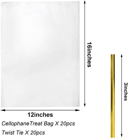 Cello Cellophane Treat Bags,5x7 Inches Clear Cellophane Bags 200 Pcs OPP Plastic Treat Bags with 200 Twist Ties for Gift Wrapping,Packaging Candies,Dessert,Bakery, Cookies, Chocolate,Party Favor
