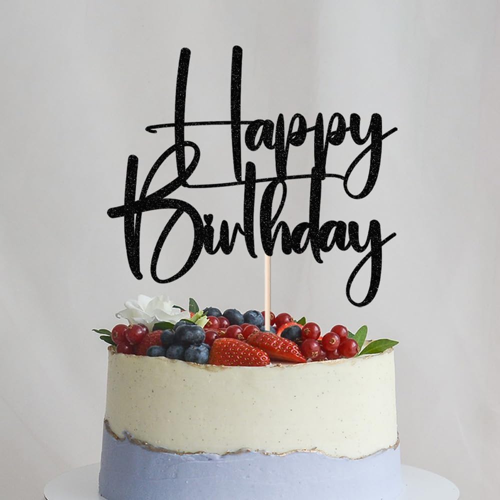 Happy Birthday Cake Topper,black Glitter Cake Pick Bunting Decor for Anniversary Birthday Party Cake Decorations Supplies