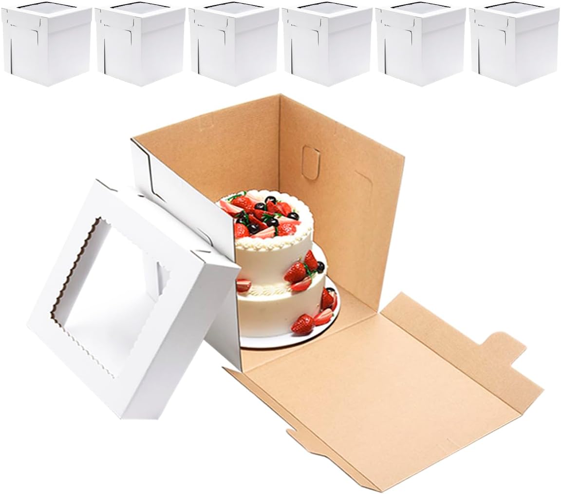 JJO Tall Cake Boxes for Tier Cakes, 6 Pack 10x10x12 Inch,White Cake Boxes with Window,Sturdy Tall Cake Carrier, Disposable Cake Containers