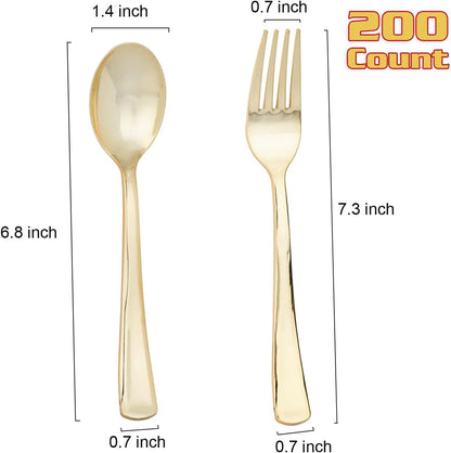 MOACOCK 200 Count Plastic Silverware, Heavy Weight Plastic Forks Spoons Disposable Utensils Cutlery Set for Wedding Party Supplies Everyday Use