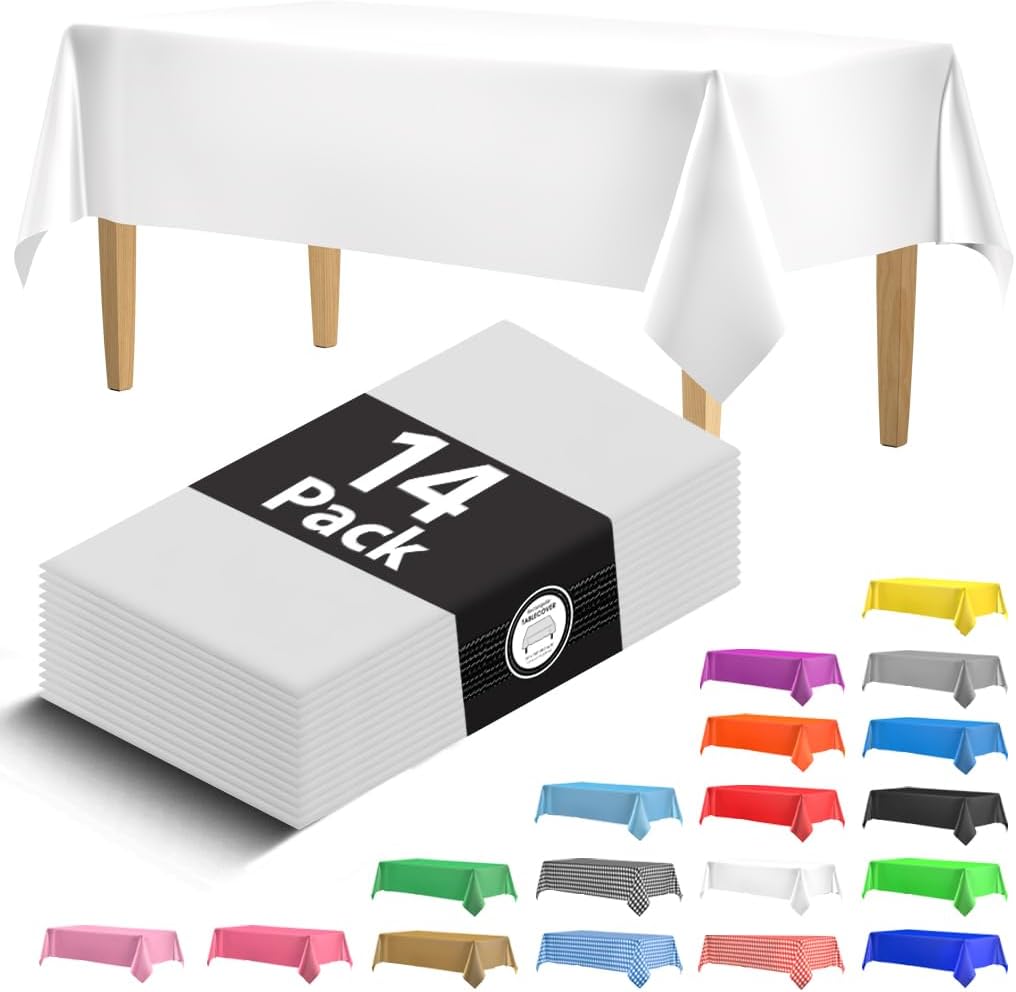 14 Pack Black 54 x 108 in. Rectangle Disposable Plastic Tablecloths - Smooth Decorative Covers for Parties, Weddings