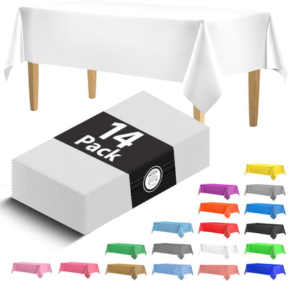 14 Pack Black 54 x 108 in. Rectangle Disposable Plastic Tablecloths - Smooth Decorative Covers for Parties, Weddings