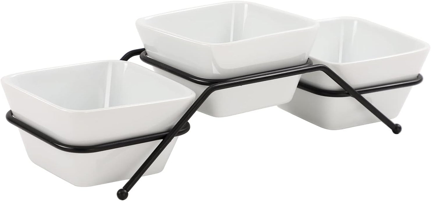 Buyajuju 3 pcs square bowl Porcelain Chip & Dip Serving Set with Black Metal Stand, 4.5inch White Small Serving Bowls for Side Dishes, Salsa, Appetizer, Serving Dishes for Entertaining 11.5 OZ