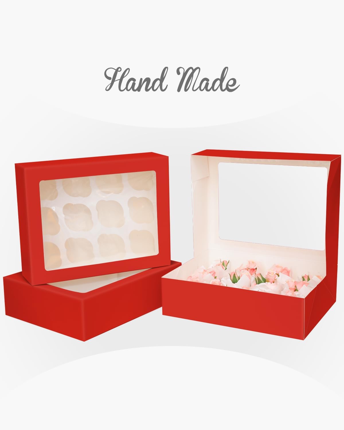 Bakepacker Auto-pop Up Cupcake Boxes with Window White 20PCS 12 Count Cupcake Box 13"x10"x3.5" Cupcakes Carrier, 12 Cupcake Containers with rolls of pink ribbons