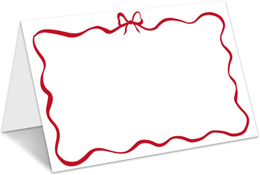 Red Bow Place Cards for Table Setting, Tent Cards Decor For Bridal Shower Baby Shower Party Reception Decorations, Wedding Placecards, 25 Pack Birthday Food Name Card, 2 x 3.5" /013