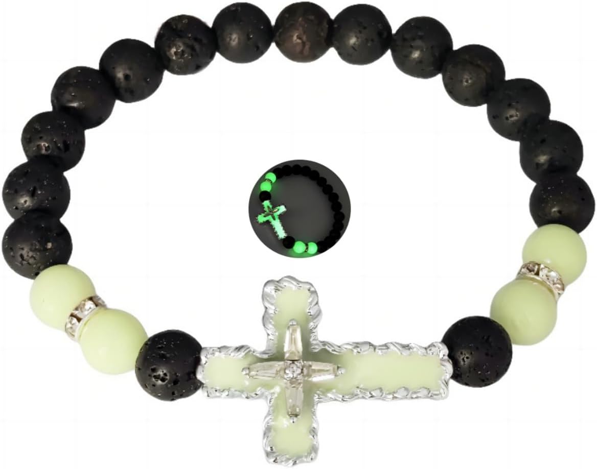 8mm Natural Volcanic Stone Bracelets for Men,Luminous Cross Bracelets,Healing Crystal Elastic Stretch Beads Bracelet,Religion Holy Communion Bracelet for Women