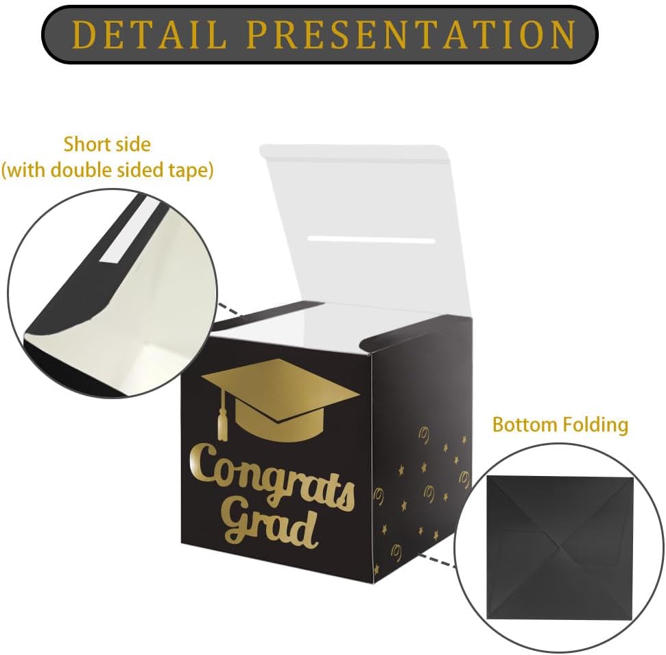 Graduation Card Box Holder, Congrats Grad Foldable Cardboard Decorations Box for Graduation Party Decoration and Grad Parties (Black)