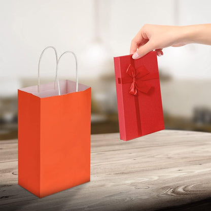 Oikss 100 Pack 5.25x3.25x8.25 Inch Small White Kraft Paper Bags with Handles Bulk for Birthday Wedding Party Favors Grocery Retail Shopping Business Goody Craft Gift Bags Cub Sacks (100pcs Count)