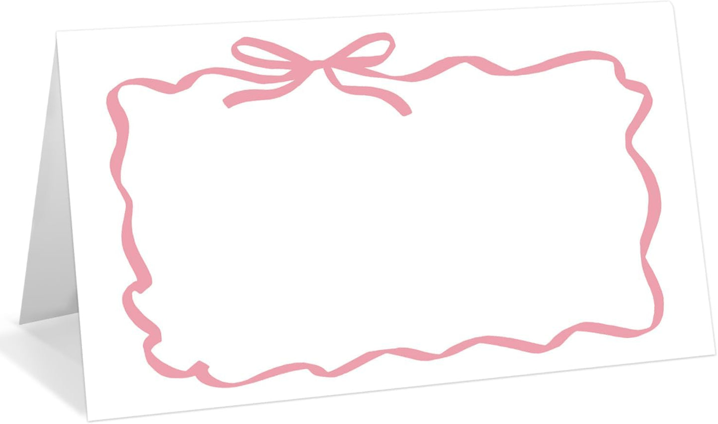 25 Pack Pink Plaid Bow Place Cards, Editable Name Cards for Table Setting, Tent Cards Food Label for Dinner Party, Bridal Shower, Wedding, Baby Shower and Events -T30