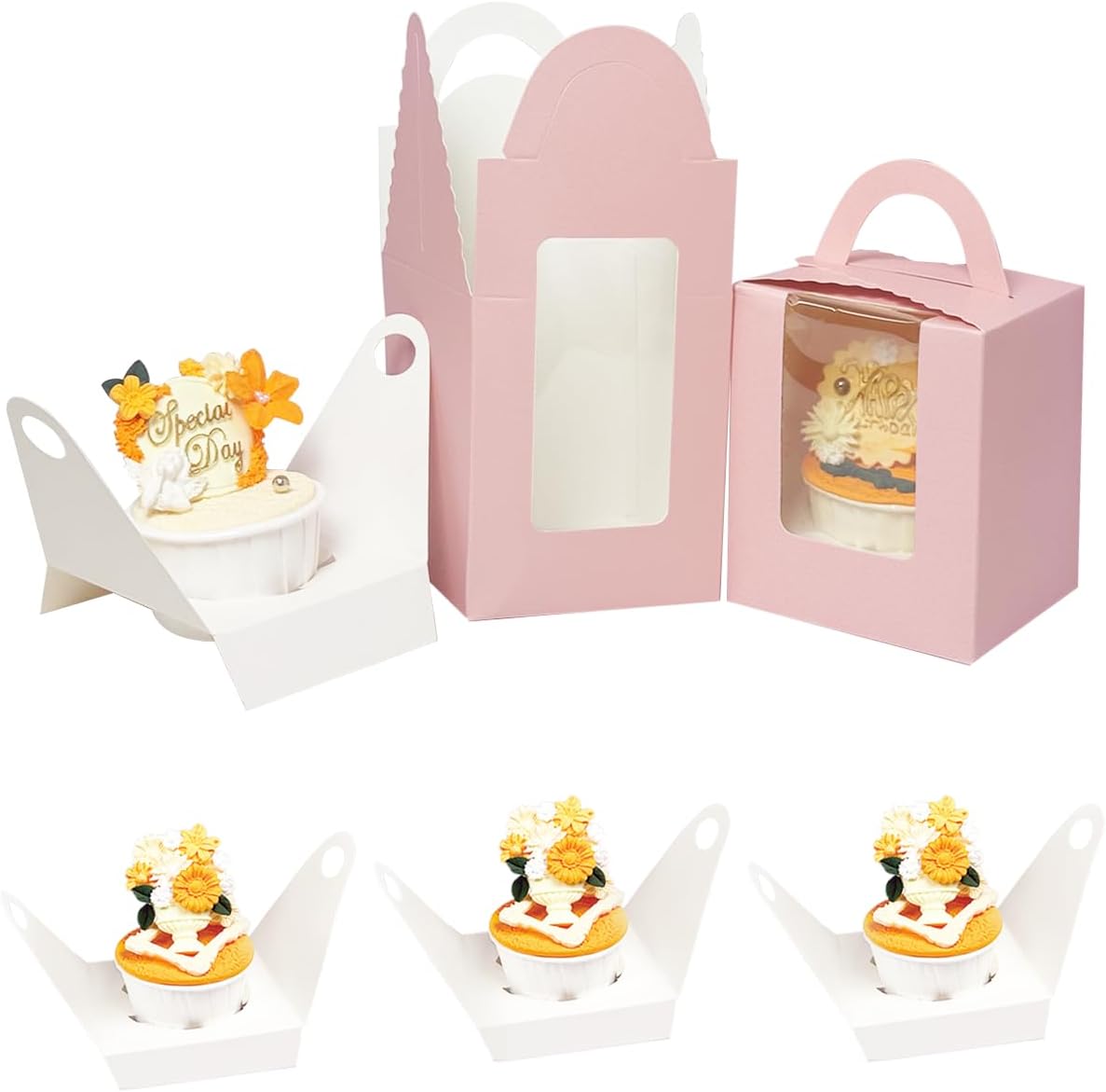 Bakepacker Auto-pop up Individual Cupcake Boxes with Window 60 Count Brown Single Cupcakes Box 3.7 x 3.7 x 4.3inch Cupcake Carrier