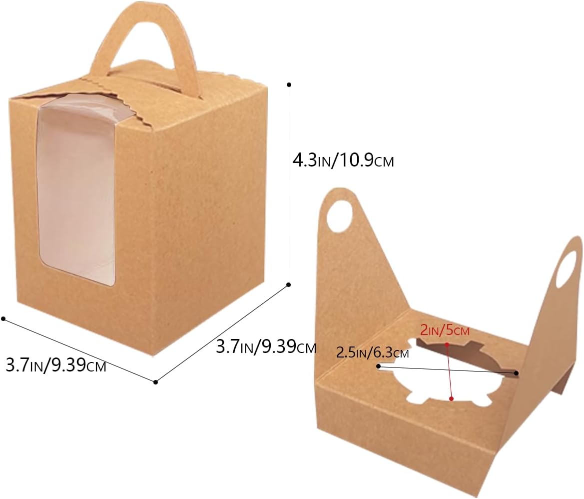 Bakepacker Auto-pop up Individual Cupcake Boxes with Window 60 Count Brown Single Cupcakes Box 3.7 x 3.7 x 4.3inch Cupcake Carrier