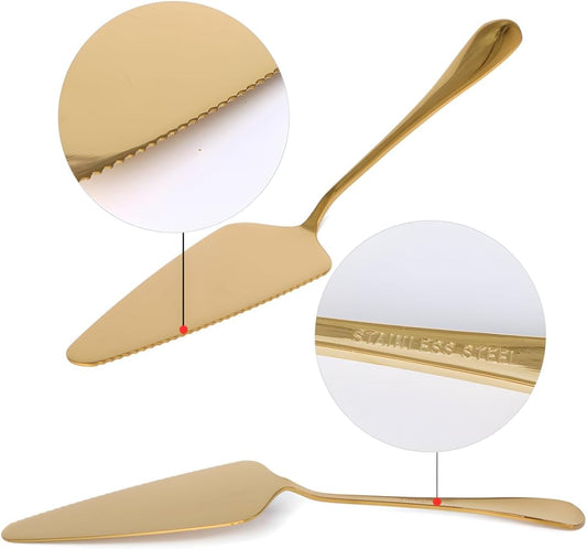 Stainless Steel Cake Server Pack of 10 Pie Holder Transfer Triangular Spade Spatula Serrated Edge for Pizza Cake Baking Safe in Dishwasher (Gold)