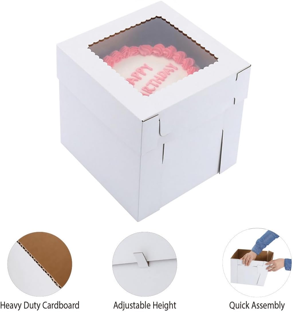 Tall Cake Boxes for Tier Cakes,10x10x12 Inch [3Pack ] Thick Sturdy Cake Box with Window, Layer Cake Carrier,Disposable Cake Containers