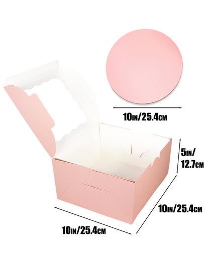 qiqee 10x10x5 Cake Box, 4 Sets Pink Cake Box with Window ＆ 4 Sets 10" Pink Cake Round Boards, 10inch Cake Containers