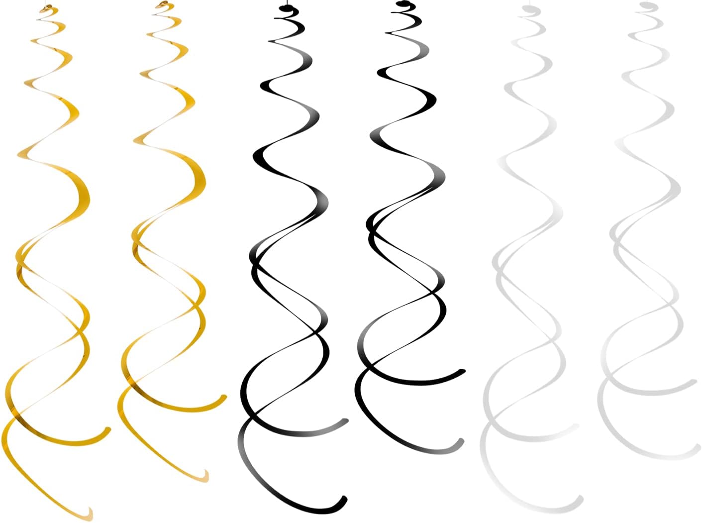 Hanging Swirls Party Streamer Spiral Decorations for Ceiling (30pcs, Black, White, Gold)