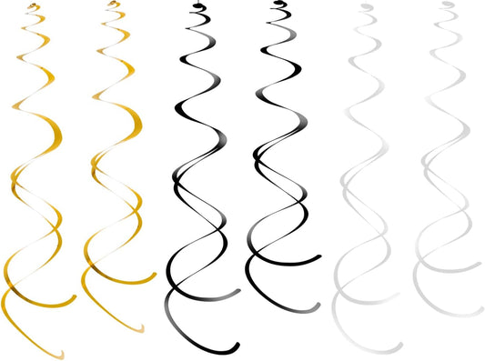 Hanging Swirls Party Streamer Spiral Decorations for Ceiling (30pcs, Black, White, Gold)