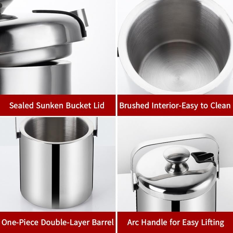 Double-Wall Stainless Steel Wine Ice Buckets with Lid,Tong&Strainer, for Cocktail Bar,Parties Chilling Beer Champagne,Keep Ice Frozen Longer for Outdoor or Indoor,Picnic (1.3L)