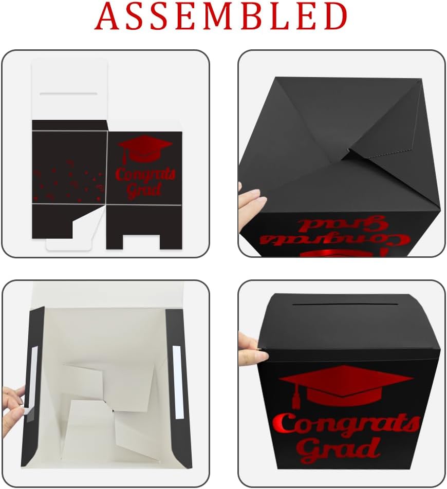 Graduation Card Box Holder, Congrats Grad Foldable Cardboard Decorations Box for Graduation Party Decoration and Grad Parties (Black)