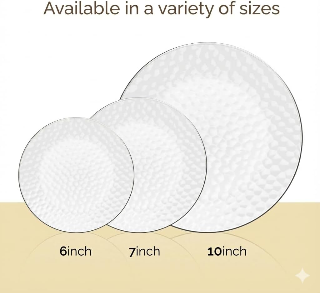 R-kay 100 Pack Clear Plastic Plates - 6.25 IN Hammered Gold Rimmed Sturdy, Durable And Extra Heavy duty Gold Plastic Dessert Plates Disposable - Ideal For Appetizer And And For Desserts.