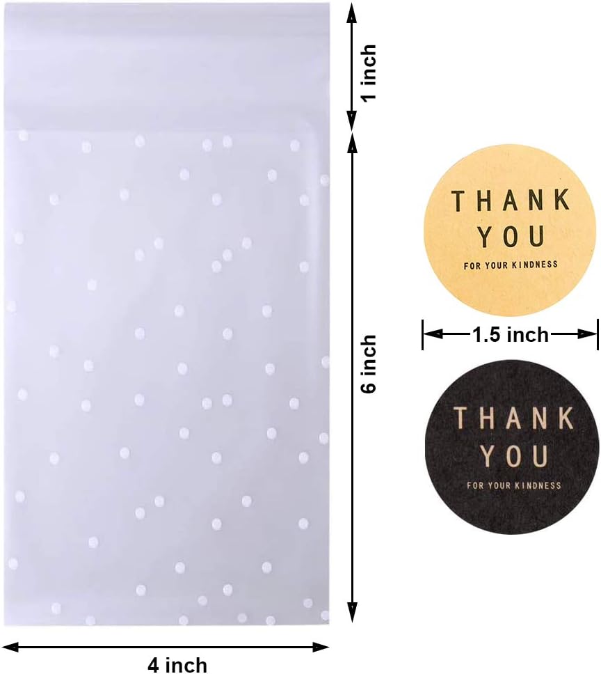 Self Adhesive Cookie Cellophane Treat Bags with Seal 4x4 Inches, 4 Mils Self Sealing Resealable Plastic Packaging Bags with Thank You Labels for Gift Giving Party Favor Bakery Candy Chocolate 100 Pcs