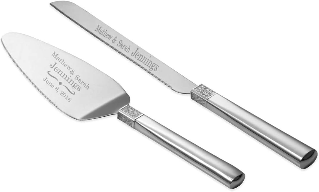 Waterford Personalized Lismore Diamond Silver Wedding Cake Knife and Server Set, Custom Engraved Wedding Cake Cutting Set, Accessories and Gifts for the Bride and Groom