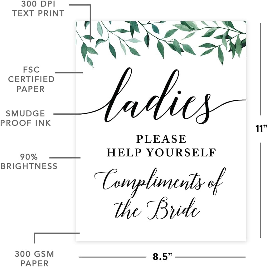 Andaz Press Wedding Party Signs, Natural Greenery Green Leaves, 8.5x11-inch, Bridal Shower Scavenger Hunt, 1-Pack - Colors D