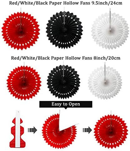 WILLBOND 29 Pcs Red and Black Decorations Paper Decoration Fan Pom Pom Honeycomb Flower Tissue Tassel Garland Theme Party Supplies for Graduation Birthday(White, Red, Black)