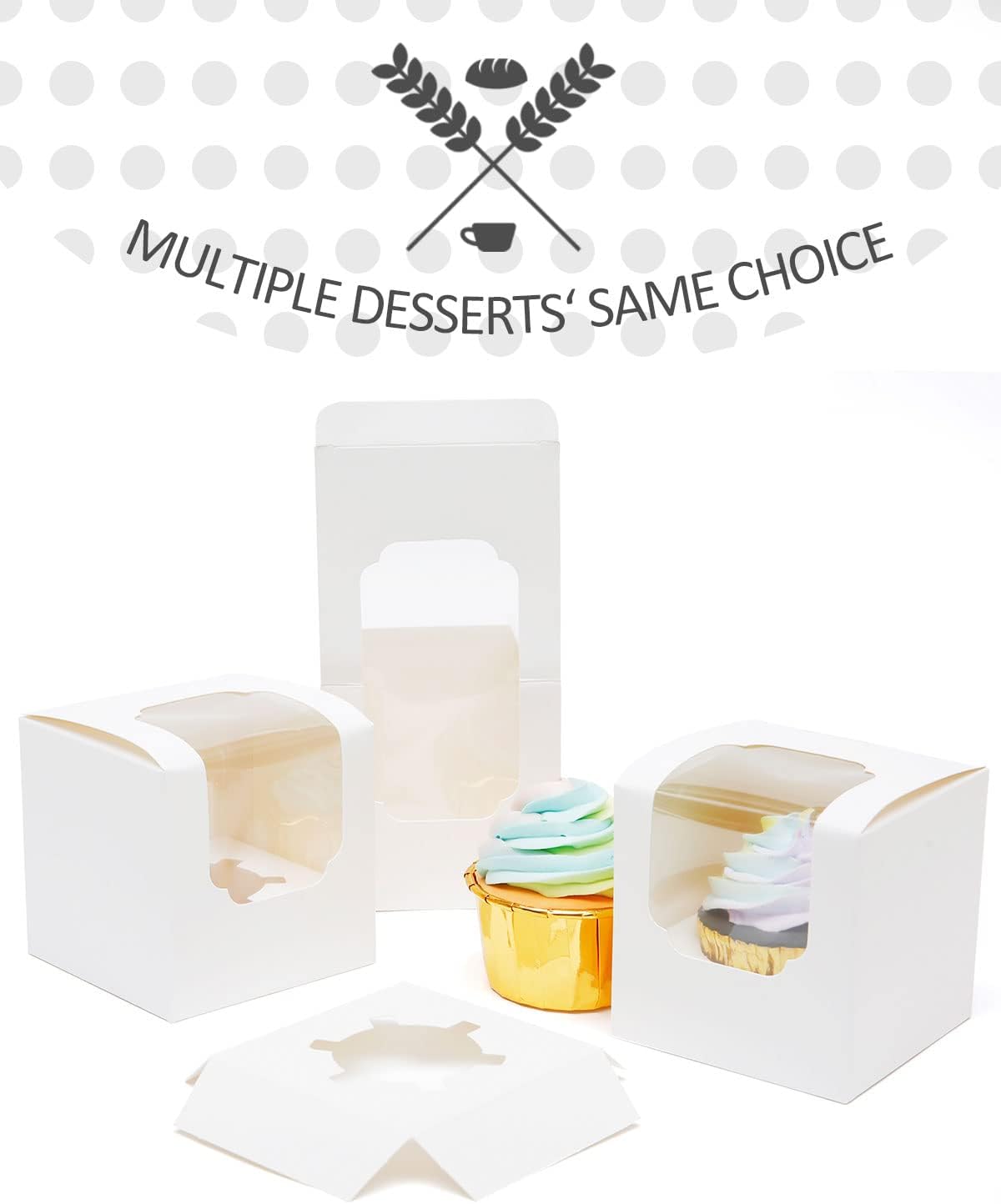 qiqee 60-Packs Cupcake Boxes Auto-pop up Individual Cupcake Container White 3.5" x 3.5" x 3.5" Single Cupcake Boxes