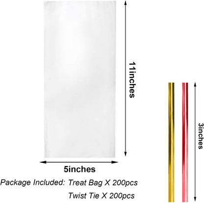 Cello Cellophane Treat Bags,5x7 Inches Clear Cellophane Bags 200 Pcs OPP Plastic Treat Bags with 200 Twist Ties for Gift Wrapping,Packaging Candies,Dessert,Bakery, Cookies, Chocolate,Party Favor