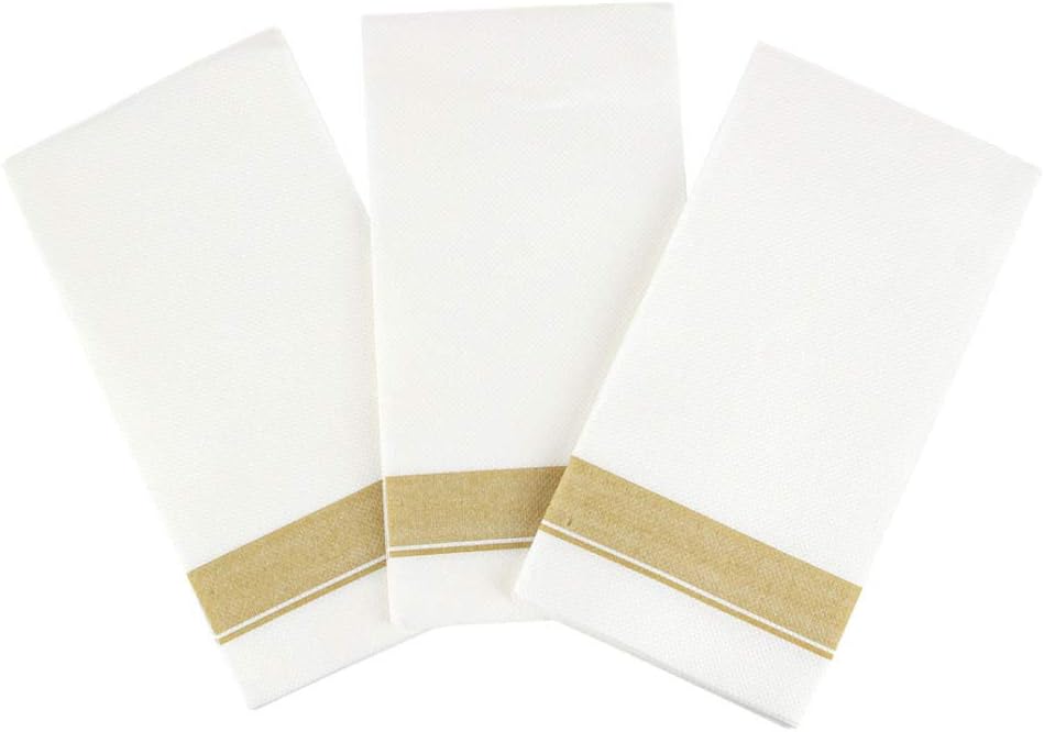 Rectangle Cloth-Like White Napkins with Gold Border, 50 Pack Fancy Paper Napkins, 22" x 22" Disposable Dinner Napkins - Decorative For Parties, Weddings, Dinners, Upscale Parties & Events