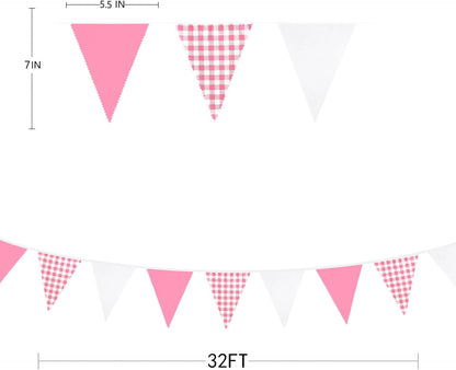 32Ft Dusty Blue Party Decorations Retro Blue Gingham Triangle Banner Flag Pennant Fabric Garland Streamers for Nautical Wedding Birthday Ahoy Achor Bridal Baby Shower Under The Sea Decor Supplies