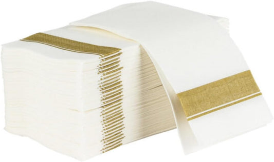Rectangle Cloth-Like White Napkins with Gold Border, 50 Pack Fancy Paper Napkins, 22" x 22" Disposable Dinner Napkins - Decorative For Parties, Weddings, Dinners, Upscale Parties & Events
