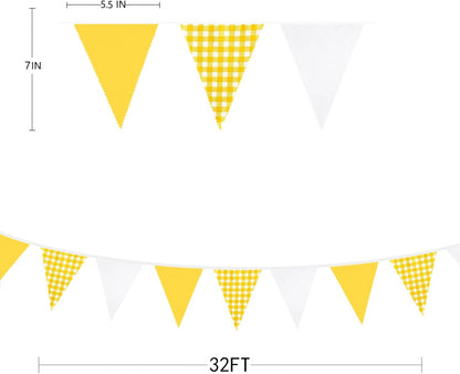 32Ft Dusty Blue Party Decorations Retro Blue Gingham Triangle Banner Flag Pennant Fabric Garland Streamers for Nautical Wedding Birthday Ahoy Achor Bridal Baby Shower Under The Sea Decor Supplies