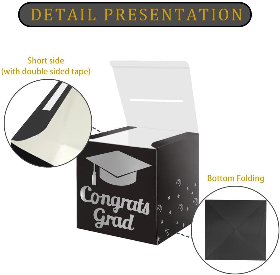 Graduation Card Box Holder, Congrats Grad Foldable Cardboard Decorations Box for Graduation Party Decoration and Grad Parties (Black)