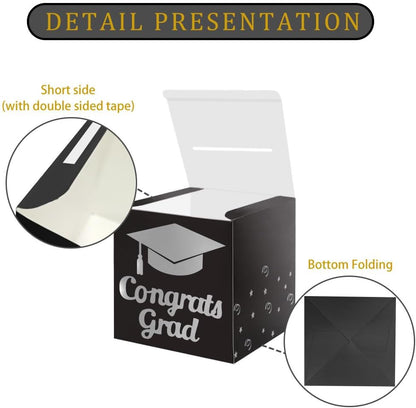 Graduation Card Box Holder, Congrats Grad Foldable Cardboard Decorations Box for Graduation Party Decoration and Grad Parties (Black)