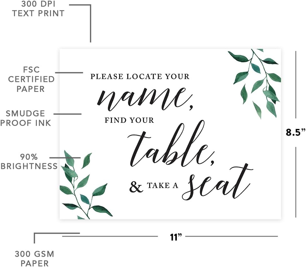Andaz Press Wedding Party Signs, Natural Greenery Green Leaves, 8.5x11-inch, Bridal Shower Scavenger Hunt, 1-Pack - Colors B