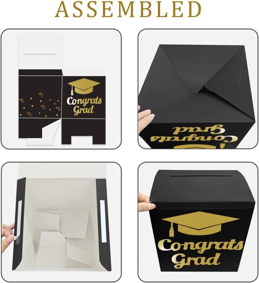 Graduation Card Box Holder, Congrats Grad Foldable Cardboard Decorations Box for Graduation Party Decoration and Grad Parties (Black)