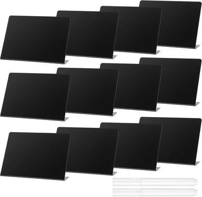 Outus 12 Pcs 4 x 3 Inches Buffet Food Labels Mini Small Chalkboard Signs White Acrylic Food Markers Little Price Signs with 2 Pcs Erasable Marker for Wedding Birthday Bakery Table Display