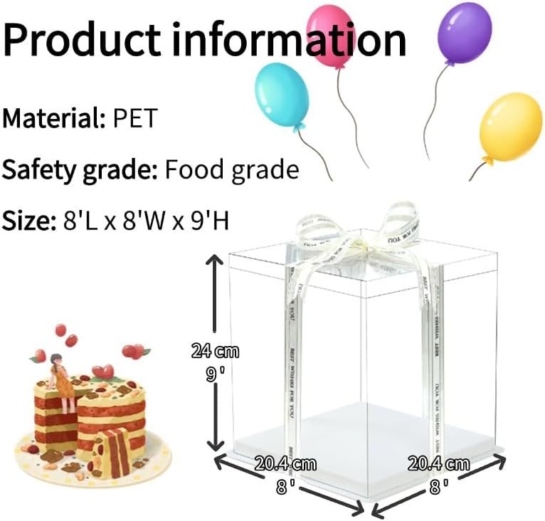 5-Pack 12-Inch Large Square Cake Box (12'x12'x11' inch) | Elegant Clear Display with Silk Ribbon Grand Gift Presentation for Tiered Cakes, Special Occasions, and Weddings