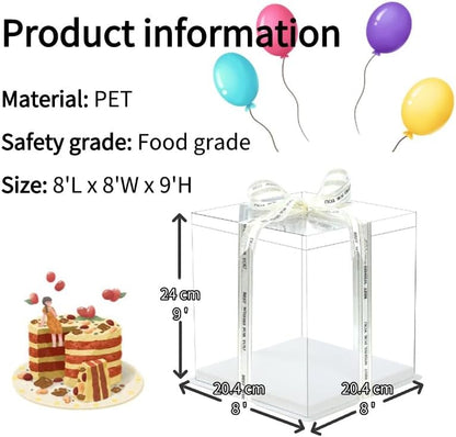5-Pack 12-Inch Large Square Cake Box (12'x12'x11' inch) | Elegant Clear Display with Silk Ribbon Grand Gift Presentation for Tiered Cakes, Special Occasions, and Weddings