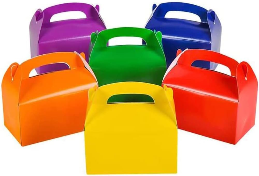 The Dreidel Company Gable Treat Boxes, (24-Pack) Party Favor Boxes for Kids Birthday, Candy Boxes Party Favors, Weddings Events, Baby Shower, 6.25" x 3.5" x 3.5" Inch Box (Multi-Color Treat Box)