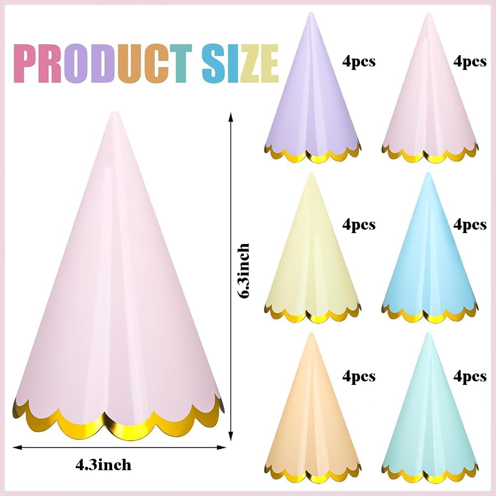 24Pcs Pastel Birthday Party Hats — Colorful Cone Paper Hats with Gold Edge/Gold-Stamped, Elastic String, 6 Colors, for Baby Shower, Bridal, Wedding