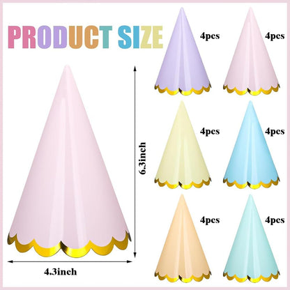 24Pcs Pastel Birthday Party Hats — Colorful Cone Paper Hats with Gold Edge/Gold-Stamped, Elastic String, 6 Colors, for Baby Shower, Bridal, Wedding