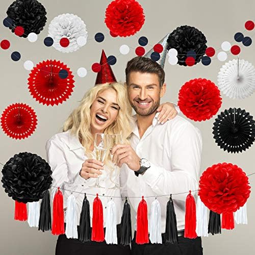 WILLBOND 29 Pcs Red and Black Decorations Paper Decoration Fan Pom Pom Honeycomb Flower Tissue Tassel Garland Theme Party Supplies for Graduation Birthday(White, Red, Black)
