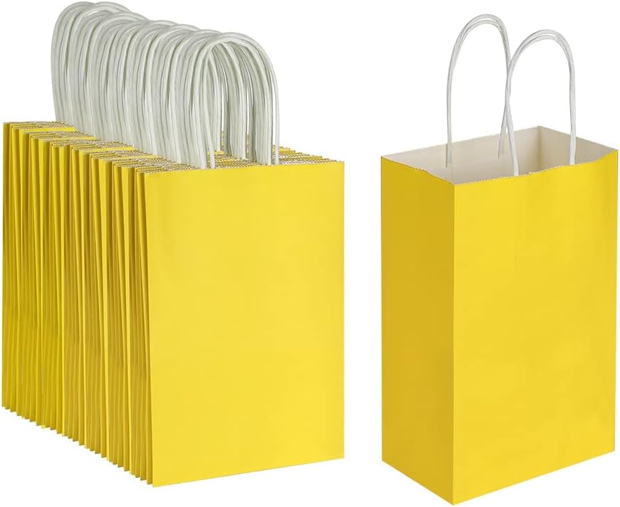 Oikss 100 Pack 5.25x3.25x8.25 Inch Small White Kraft Paper Bags with Handles Bulk for Birthday Wedding Party Favors Grocery Retail Shopping Business Goody Craft Gift Bags Cub Sacks (100pcs Count)