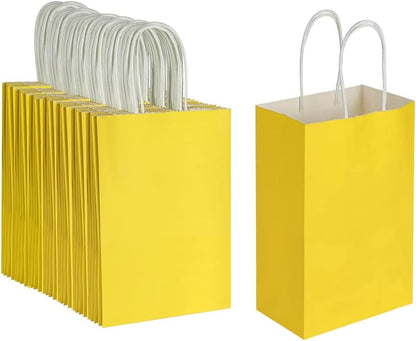 Oikss 100 Pack 5.25x3.25x8.25 Inch Small White Kraft Paper Bags with Handles Bulk for Birthday Wedding Party Favors Grocery Retail Shopping Business Goody Craft Gift Bags Cub Sacks (100pcs Count)
