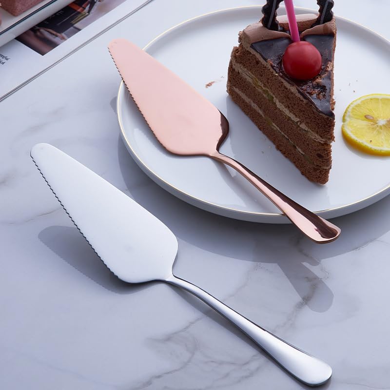 Stainless Steel Cake Server Pack of 10 Pie Holder Transfer Triangular Spade Spatula Serrated Edge for Pizza Cake Baking Safe in Dishwasher (Gold)
