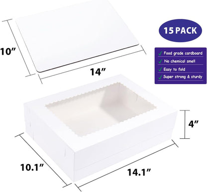 JJO 14x10x4 Inches 10 Pack Cake Boxes with Cake Board,White Bakery Boxes for Quarter Sheet Cakes,Donuts,Cupcakes, Brownie&Pie