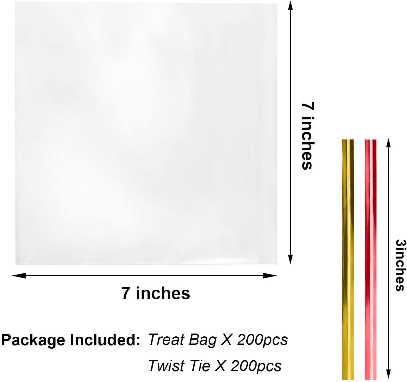Cello Cellophane Treat Bags,5x7 Inches Clear Cellophane Bags 200 Pcs OPP Plastic Treat Bags with 200 Twist Ties for Gift Wrapping,Packaging Candies,Dessert,Bakery, Cookies, Chocolate,Party Favor